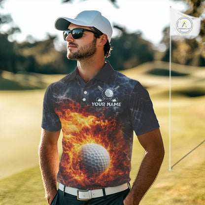 Custom Orange Flame Lightning Thunder Mens Golf Polo Shirt, Golf attire For Men Golfing Gifts NQS11619