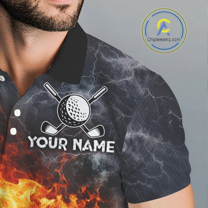 Custom Orange Flame Lightning Thunder Mens Golf Polo Shirt, Golf attire For Men Golfing Gifts NQS11619
