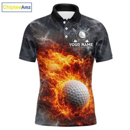 Custom Orange Flame Lightning Thunder Mens Golf Polo Shirt, Golf attire For Men Golfing Gifts NQS11619