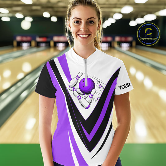 Custom bowling Quarter Zip shirts for women I'm not swearing, I'm using my bowling words purple shirt NQS7434