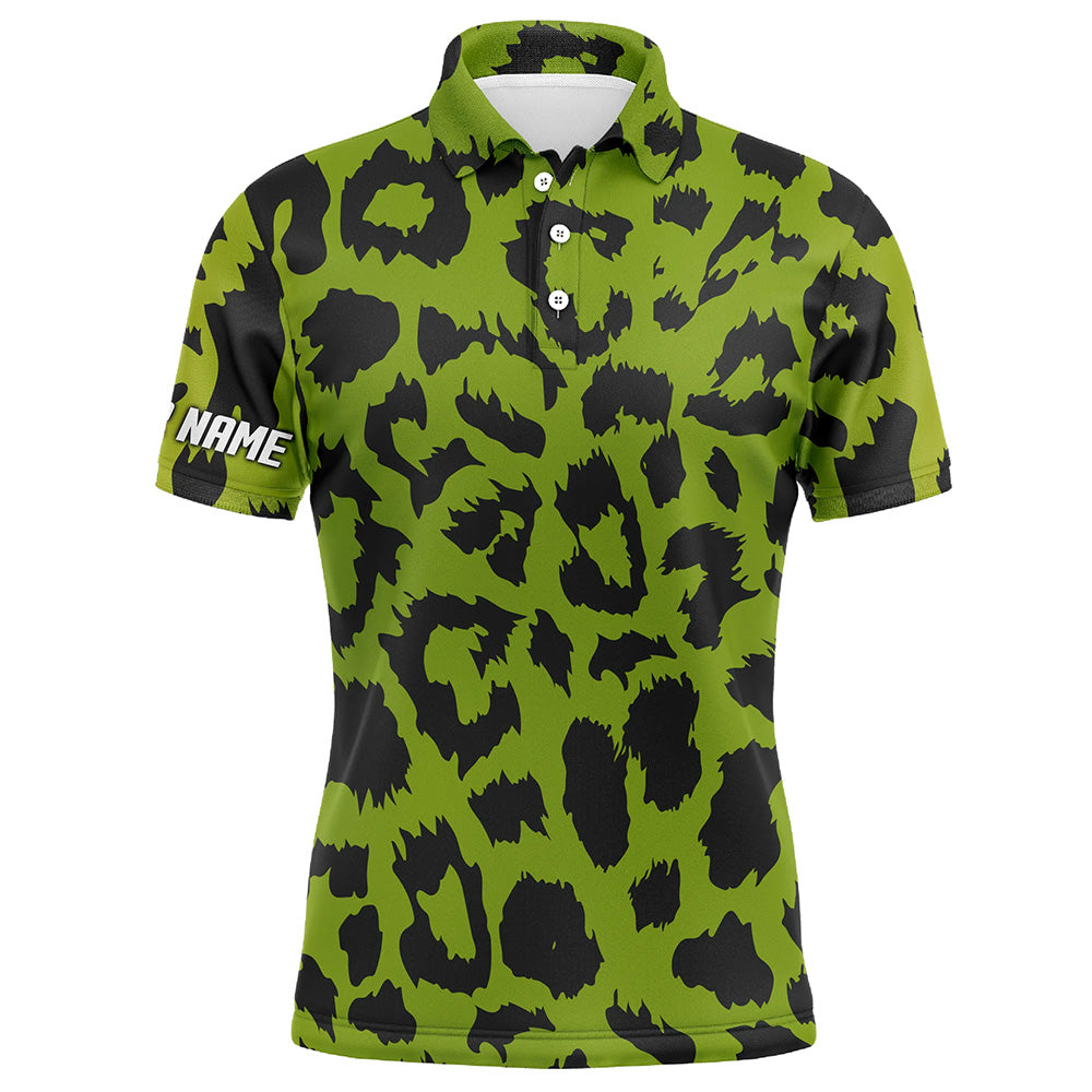 Mens golf polo shirt custom lime green leopard pattern team golf shirts, golf wear for mens NQS5431