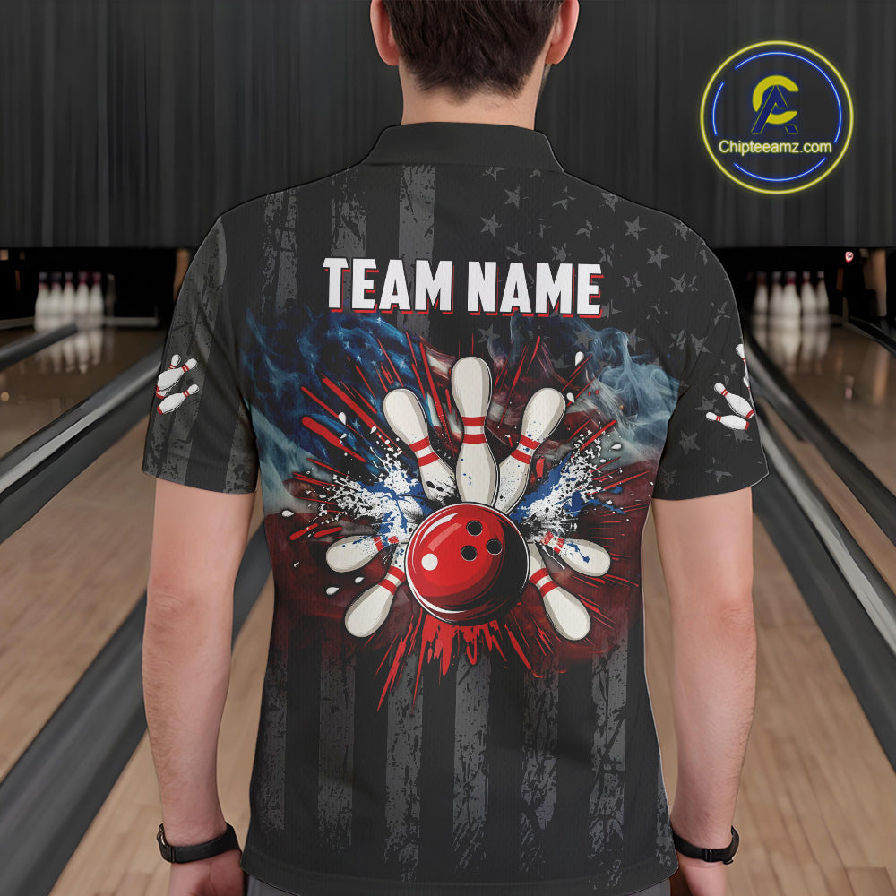 Black Texas flag smoke Men Bowling Polo, Quarter Zip shirt Custom Patriotic Team Bowling Jersey NQS10402