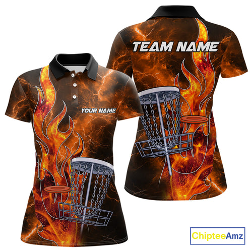 Orange Flame Lightning Thunder Disc golf polo shirts For Women Custom Team disc golf outfits NQS10847