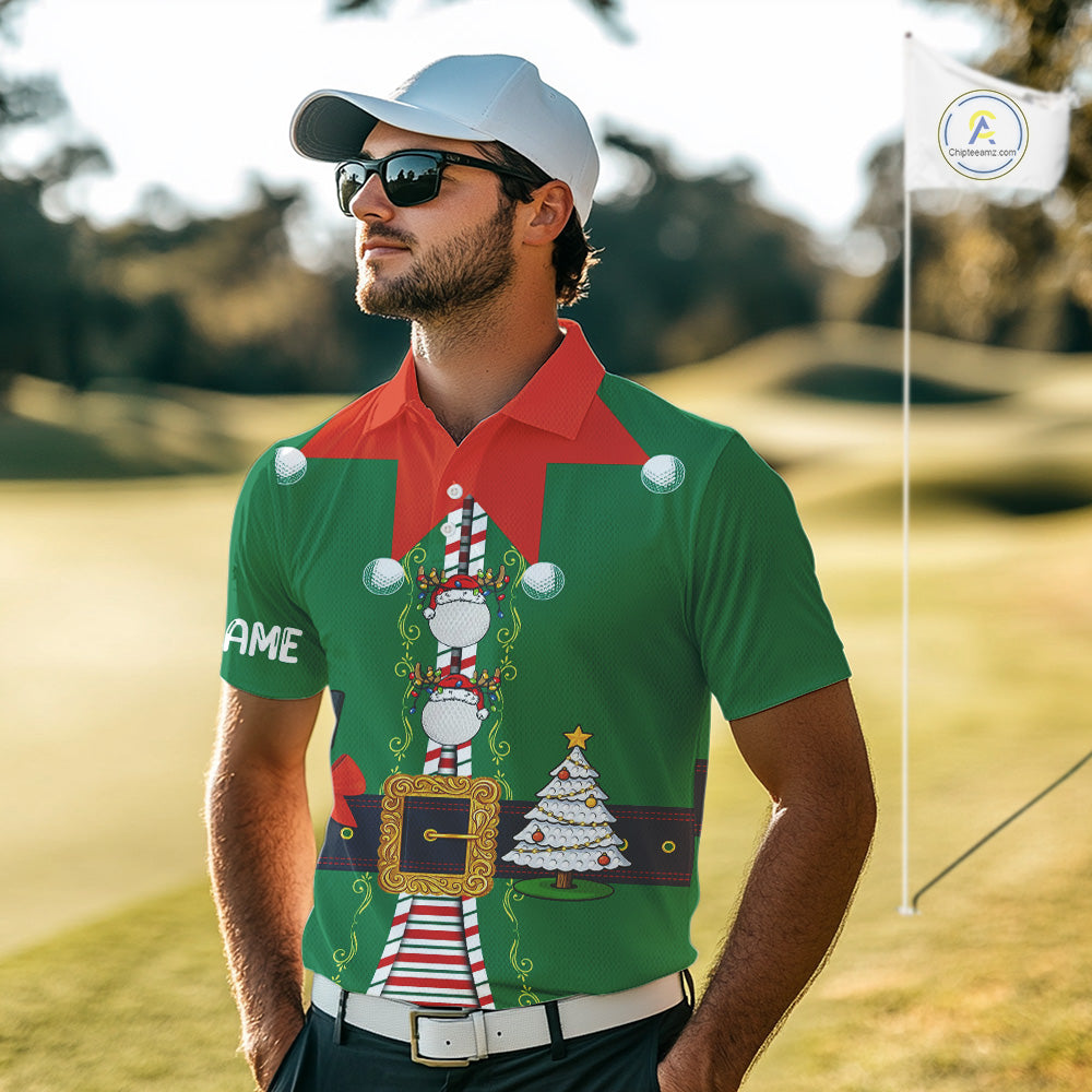 Green and Red Funny Elf Christmas Golf Polo shirts For Men Custom mens Christmas golf tops NQS11019