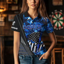 Load image into Gallery viewer, Black and White American Flag Skull Darts Blue Camo Darts Shirts For Women Custom Team Darts Jersey NQS9653