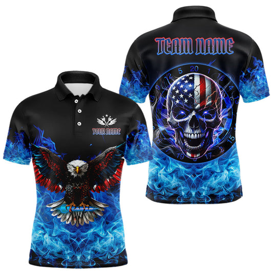 Blue Flame Smoke American Flag Eagle Skull Darts Polo, 1/4 Zip Shirts For Men Custom Darts Team Jersey NQS9658