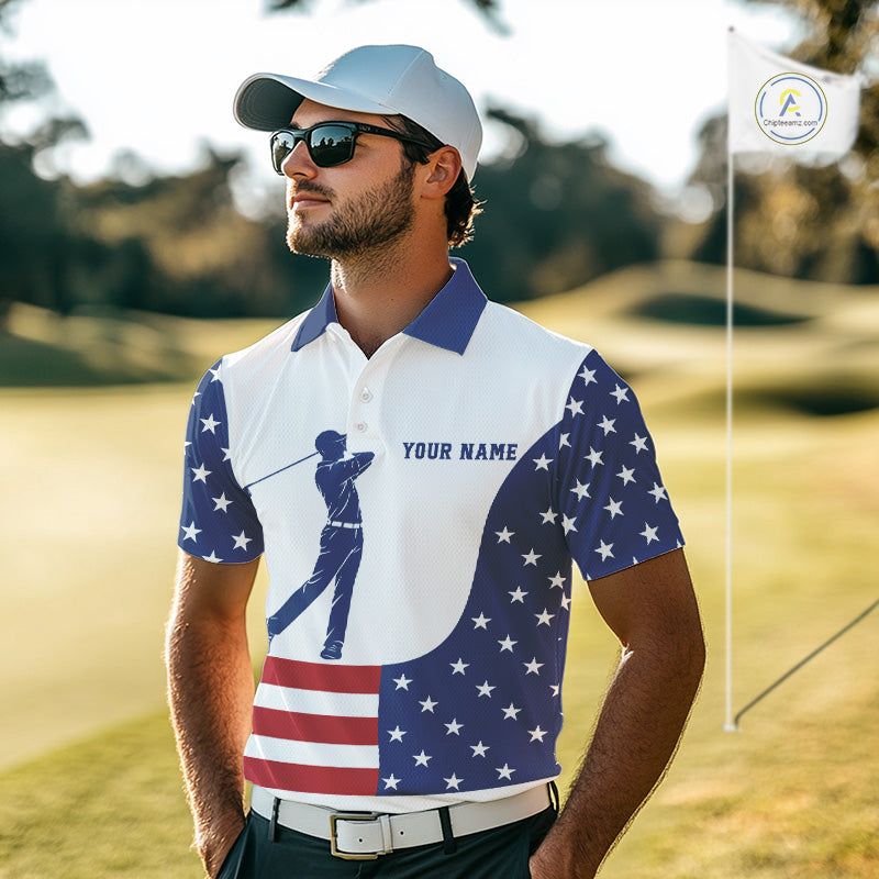 Red, White and Blue American Flag Golf polo shirt for men custom patriotic mens golf outfit NQS11728