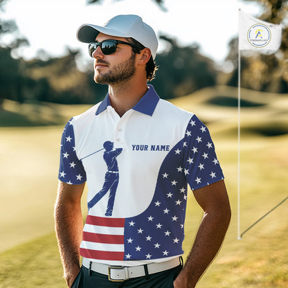 Red, White and Blue American Flag Golf polo shirt for men custom patriotic mens golf outfit NQS11728