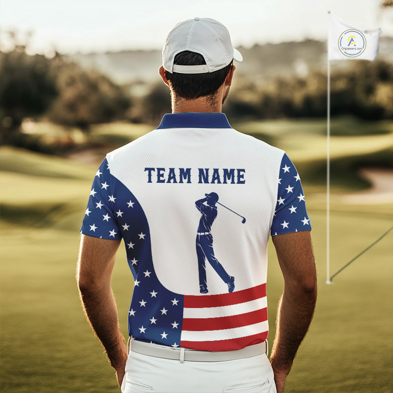 Red, White and Blue American Flag Golf polo shirt for men custom patriotic mens golf outfit NQS11728