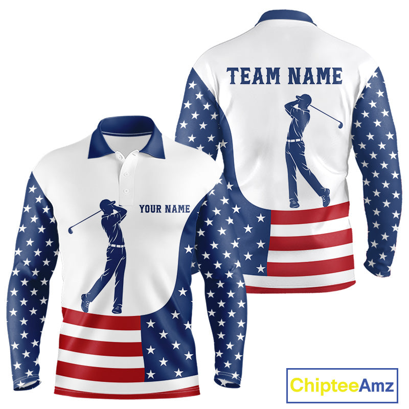 Red, White and Blue American Flag Golf polo shirt for men custom patriotic mens golf outfit NQS11728