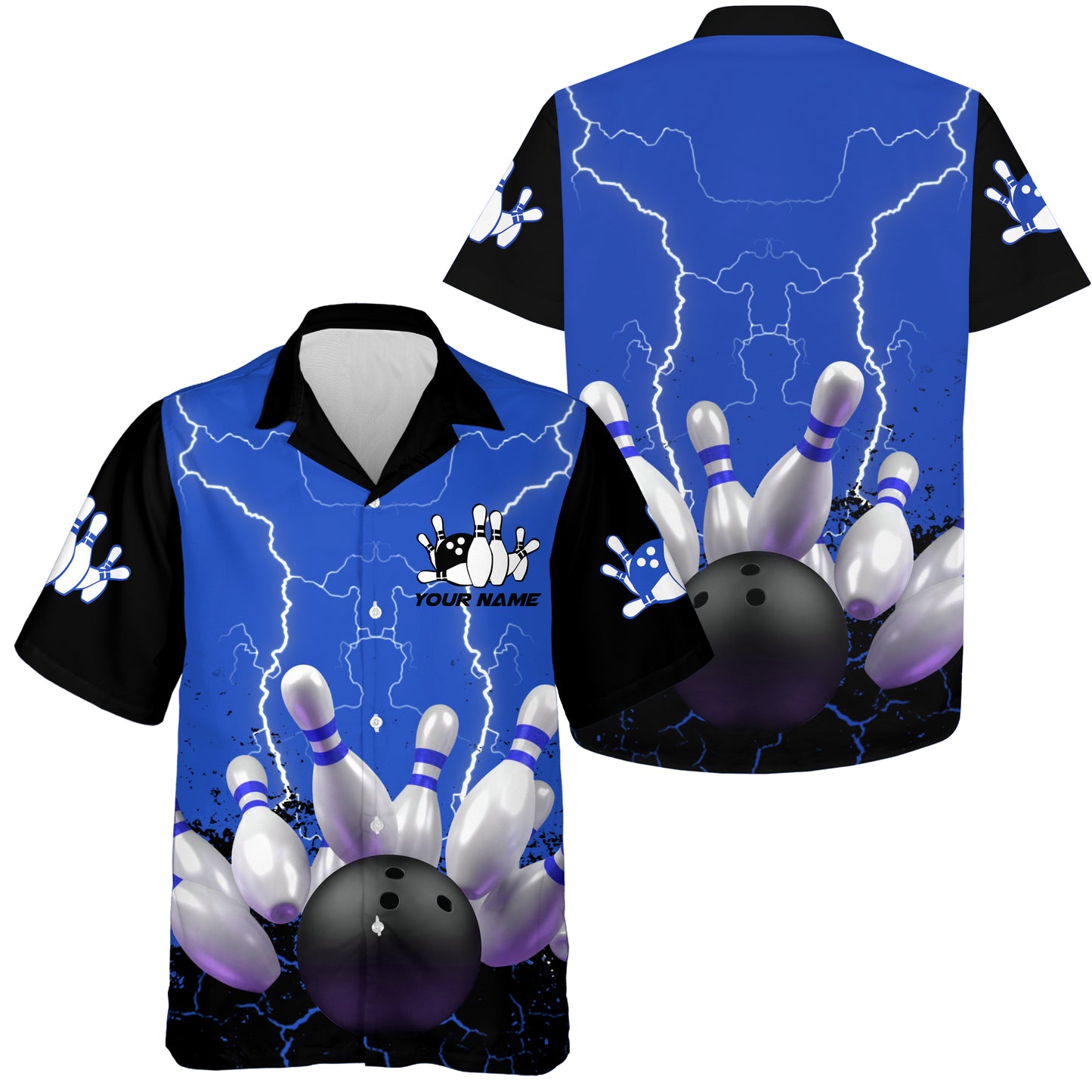 Custom Blue Hawaiian bowling shirt for men – personalized team jersey front view