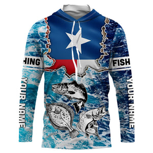 Texas Flag Redfish, trout, flounder blue wave camo custom name performance long sleeve fishing shirts NQS5440