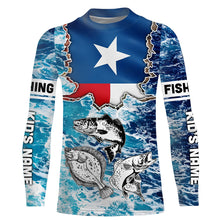 Load image into Gallery viewer, Texas Flag Redfish, trout, flounder blue wave camo custom name performance long sleeve fishing shirts NQS5440