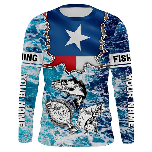 Texas Flag Redfish, trout, flounder blue wave camo custom name performance long sleeve fishing shirts NQS5440