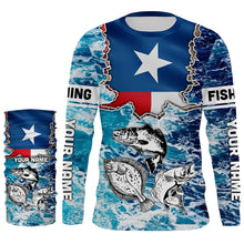 Load image into Gallery viewer, Texas Flag Redfish, trout, flounder blue wave camo custom name performance long sleeve fishing shirts NQS5440