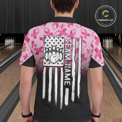 Pink ribbon pattern Men bowling shirt Custom American flag patriotic breast cancer bowling team shirt NQS10411