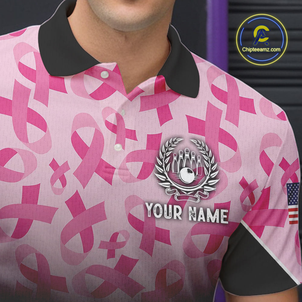 Pink ribbon pattern Men bowling shirt Custom American flag patriotic breast cancer bowling team shirt NQS10411