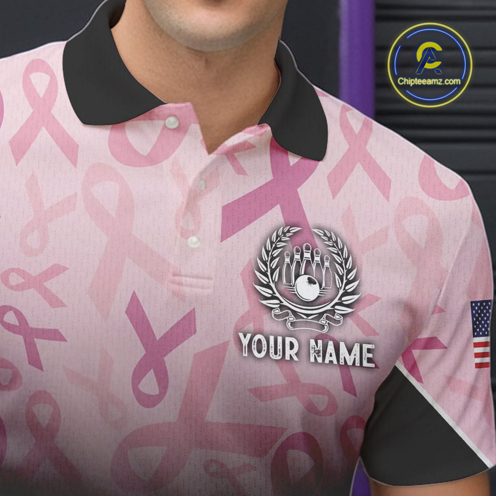 Mens bowling shirt Custom American flag patriotic Pink ribbon breast cancer bowling team jersey NQS10412