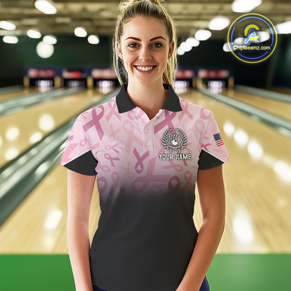 Womens bowling shirt Custom American flag patriotic Pink ribbon breast cancer bowling team jersey NQS10412