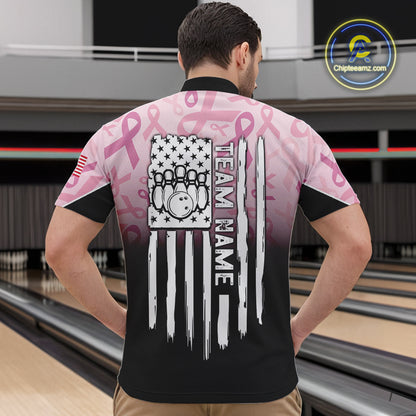 Mens bowling shirt Custom American flag patriotic Pink ribbon breast cancer bowling team jersey NQS10412