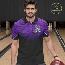 Load image into Gallery viewer, Purple Halloween pattern Custom American flag patriotic Bowling shirt for men, Bowling team jersey NQS10415