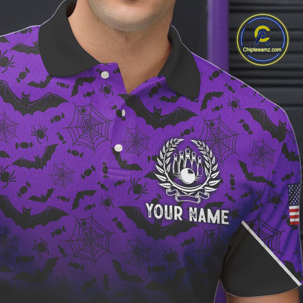 Purple Halloween pattern Custom American flag patriotic Bowling shirt for men, Bowling team jersey NQS10415