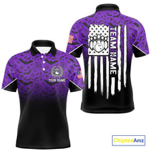 Load image into Gallery viewer, Purple Halloween pattern Custom American flag patriotic Bowling shirt for men, Bowling team jersey NQS10415
