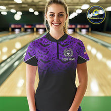Load image into Gallery viewer, Purple Halloween pattern Custom American flag patriotic Bowling shirt for Women, Bowling team jersey NQS10415