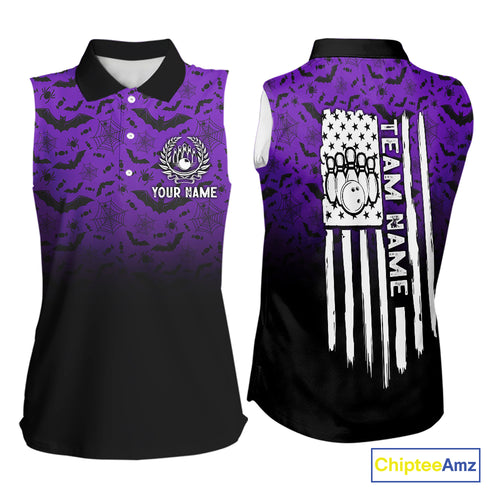 Purple Halloween pattern Custom American flag patriotic Bowling Sleeveless polo shirt team jersey NQS10415