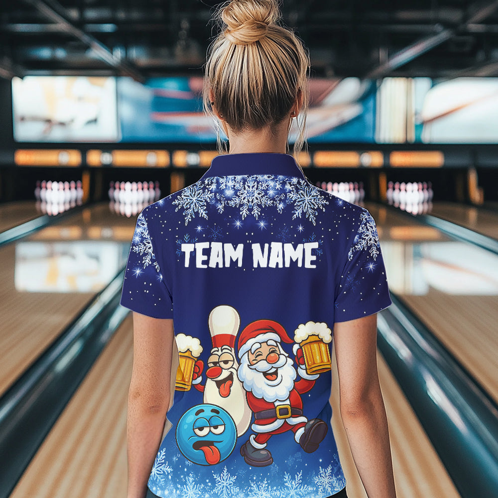 Funny Santa Drink Beer Blue snowflake Bowling Shirts For Women Custom Christmas Bowling Team Jerseys NQS11056