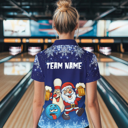 Funny Santa Drink Beer Blue snowflake Bowling Shirts For Women Custom Christmas Bowling Team Jerseys NQS11056