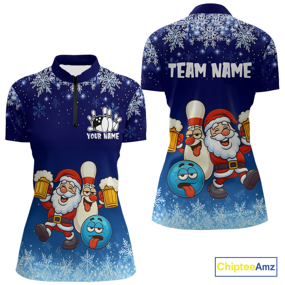 Funny Santa Drink Beer Blue snowflake Bowling Shirts For Women Custom Christmas Bowling Team Jerseys NQS11056