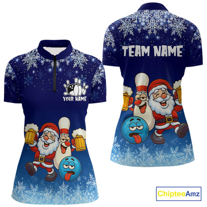 Funny Santa Drink Beer Blue snowflake Bowling Shirts For Women Custom Christmas Bowling Team Jerseys NQS11056