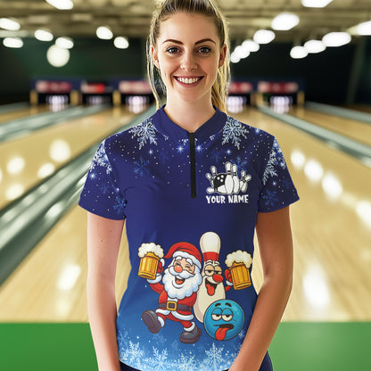 Funny Santa Drink Beer Blue snowflake Bowling Shirts For Women Custom Christmas Bowling Team Jerseys NQS11056