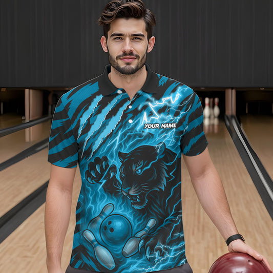 Personalized Tiger Bowling Shirts For Men, Blue Flame Lightning Thunder Tiger Team Bowling Jerseys NQS11232