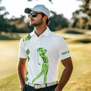 Green Leopard argyle pattern white Men golf polo shirts custom golf wear for men, unique golf gifts NQS9350