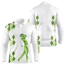 Load image into Gallery viewer, Green Leopard argyle pattern white Men golf polo shirts custom golf wear for men, unique golf gifts NQS9350