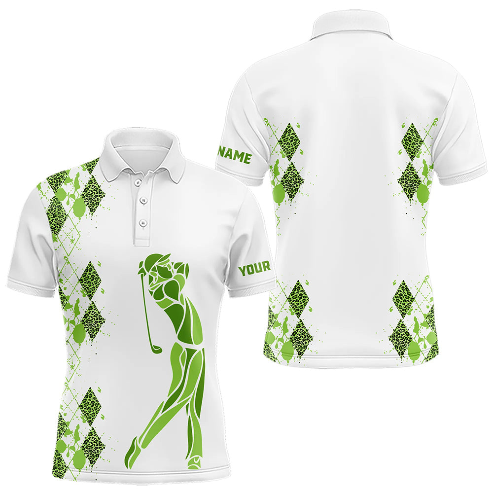 Green Leopard argyle pattern white Men golf polo shirts custom golf wear for men, unique golf gifts NQS9350