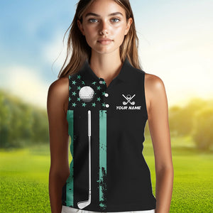 Black & Turquoise American Flag Women sleeveless polos custom patriotic golf attire for ladies NQS9355