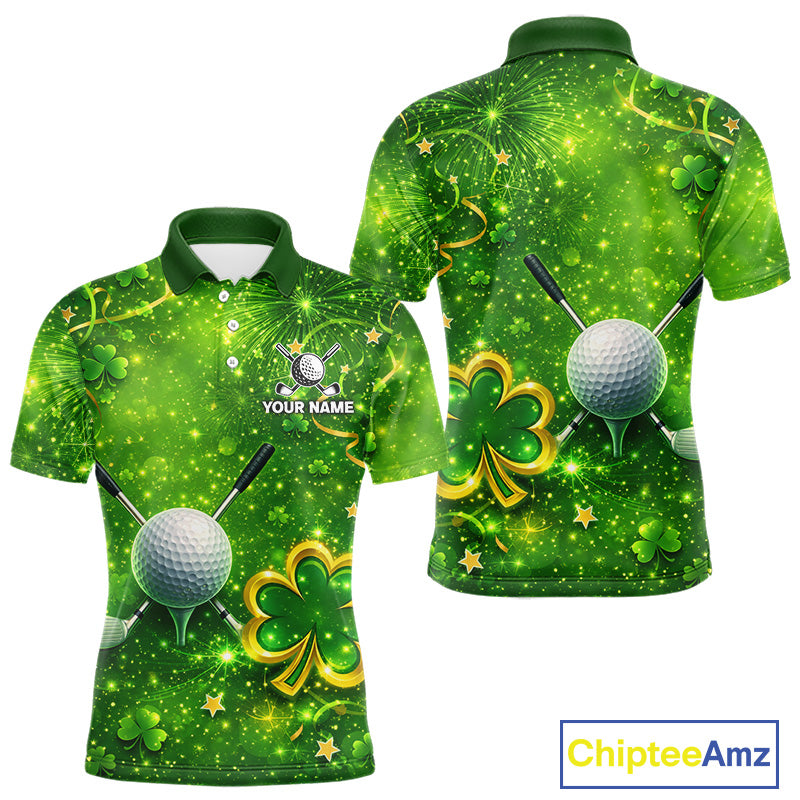 Happy St Patrick's Day Green and Gold Shamrock Mens Golf Polo Shirts Custom Golf Clothes for Men NQS11629
