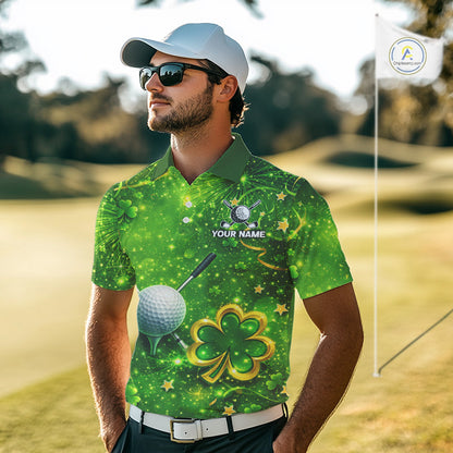 Happy St Patrick's Day Green and Gold Shamrock Mens Golf Polo Shirts Custom Golf Clothes for Men NQS11629