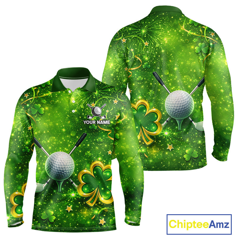 Happy St Patrick's Day Green and Gold Shamrock Mens Golf Polo Shirts Custom Golf Clothes for Men NQS11629