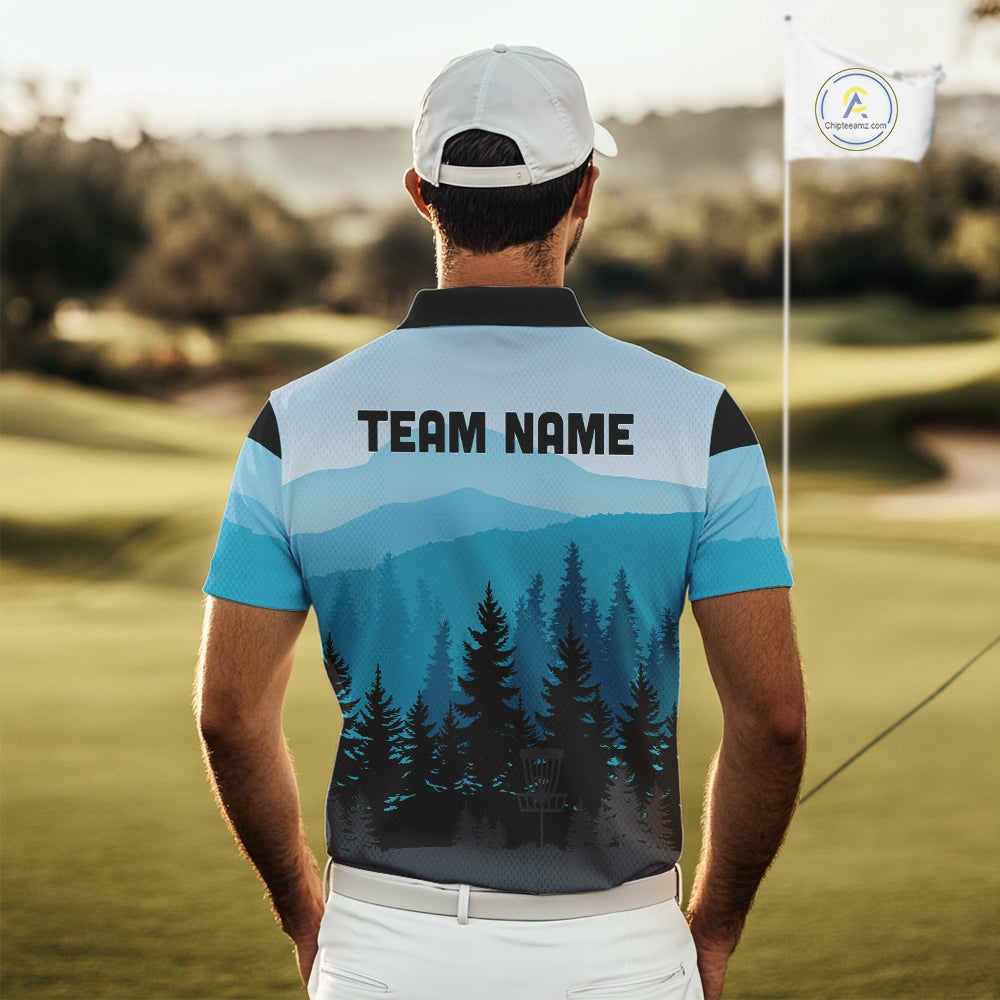 Blue pattern forest Mens Disc golf polo shirts Custom team disc golf jerseys for men NQS9943
