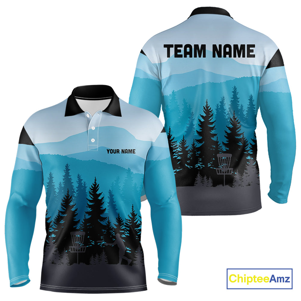 Blue pattern forest Mens Disc golf polo shirts Custom team disc golf jerseys for men NQS9943
