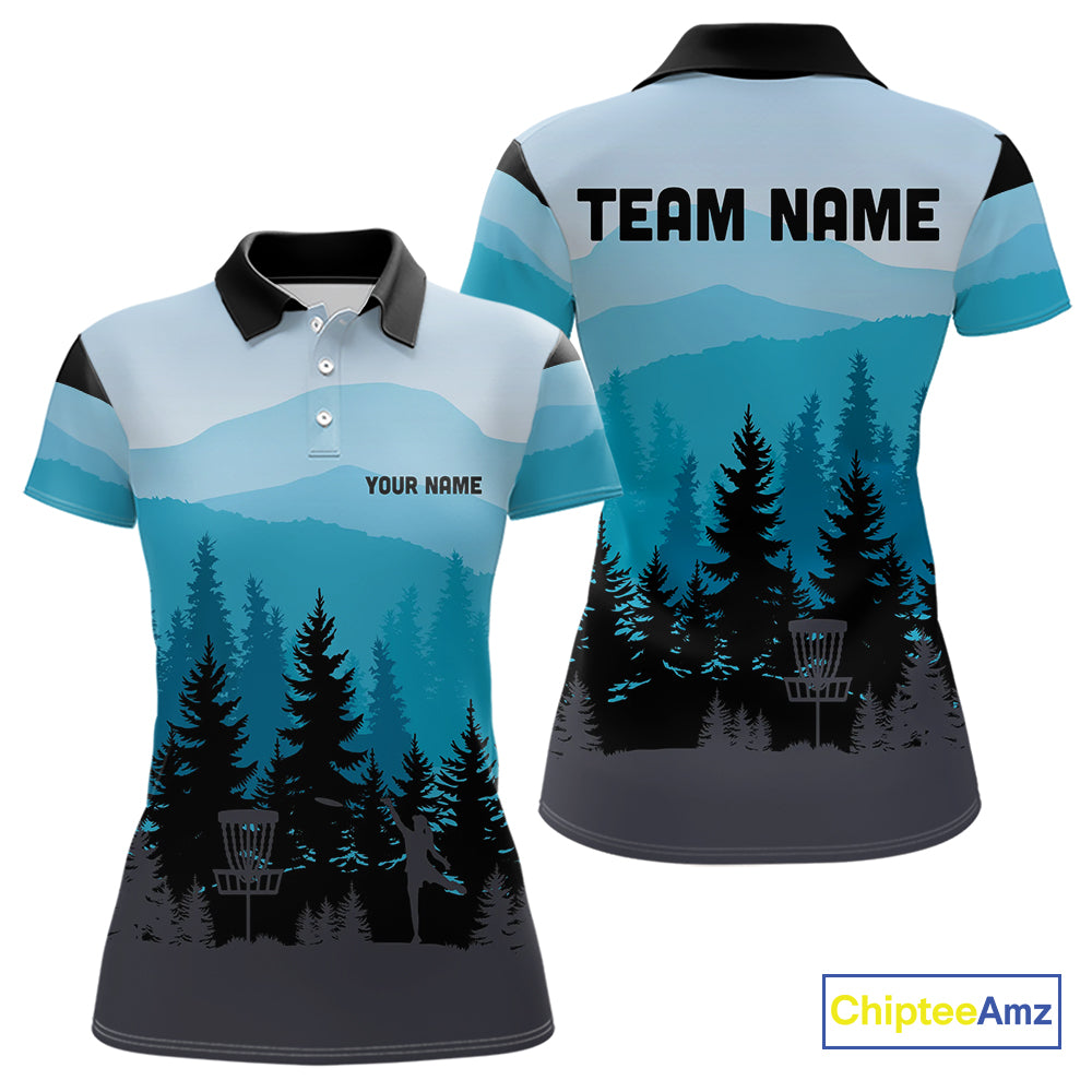 Blue pattern forest Women Disc golf polo shirts Custom team disc golf jerseys for ladies NQS9943