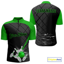Load image into Gallery viewer, Black and Green bowling league jersey custom Mens Bowling Polo, 1/4 zip Shirt, gifts for men bowler NQS10096