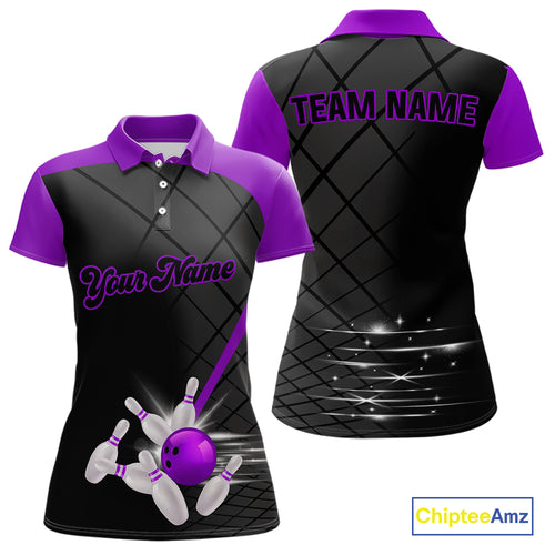 Black & Purple bowling league jersey custom Women Bowling Polo, 1/4 zip Shirt, gift for ladies bowler NQS10097