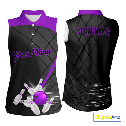Black & Purple bowling league jersey custom Bowling sleeveless polo Shirt, gifts for ladies bowler NQS10097