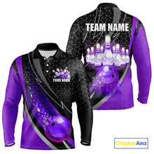 Load image into Gallery viewer, Black and Purple Bowling Camo Polo, 1/4 Zip Shirt for Men Custom Team Bowling jerseys, Bowler Outfit NQS10426