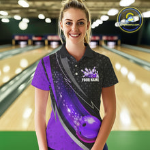 Load image into Gallery viewer, Black and Purple Bowling Camo Polo, 1/4 Zip Shirt for Women Custom Team Bowling jersey, Bowler Outfit NQS10426